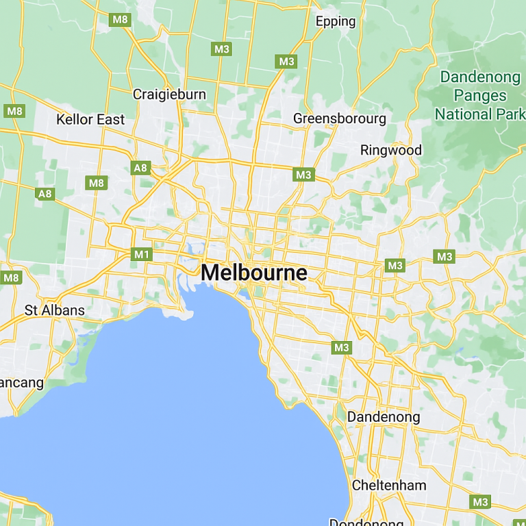 Google Maps view of Melbourne metropolitan area showing suburbs, highways, and business locations, illustrating local SEO reach for Google Business Profiles.